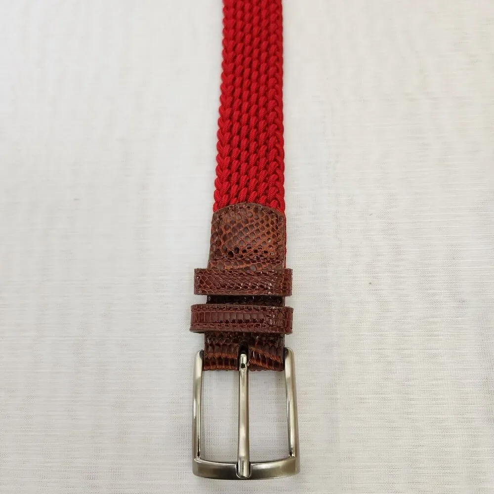 Belt Mens 36 Red Braided Stretch Leather Snake Tab Solid Silver Brass Buckle